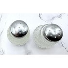 Vintage Mini Clear Glass Salt Pepper Shakers Diamond Pattern Metal Lids Pair