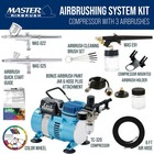 Master 3 Airbrush Dual Fan Air Compressor Professional Kit  Gravity Siphon Feed