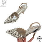 Silver Crystal Slingback Heels Women Pointed Toe Stiletto Pumps Wedding Shoes