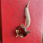 Vintage Fox Brooch Pin Gold Tone Amber Oval Crystal 3in