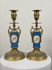 Antique French Style Gilt Brass   Porcelain Cherub Candle Holder Pair 11    Tall
