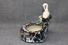 Vintage Chinese Glazed Pottery Ashtray Brush Bowl  Cranes Lotus 5 5  Tall Repair