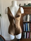 Vintage 70s Bronze Brown Tie Front Romper Swimsuit One Piece Bathing Suit S