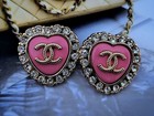 2 Pcs Chanel Cc Logo Stamped Heart Pink Clear Crystal Gold Buttons 22mm Set Of 2