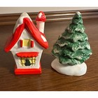 Lefton Vintage Christmas House Tree Salt   Pepper Shakers Red Green