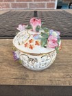 Vtg Reticulated Porcelain Jewelry Trinket Box 3d Flowers Gold Trim 3   