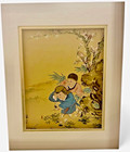 Vtg Chinese Asian Watercolor Silk Young Children   Tree Blossom 13 x10  Signed
