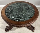 Antique French Green Marble Round Top Oak Wood Coffee accent centertable