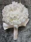 Handmade Ivory Rosebud Bridal Wedding Bouquet Handheld With Rhinestone Flowers