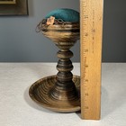 Vtg Pincushion Carved Wood Pedestal Tray 7 5    Wooden Pin Cushion Holder Sewing