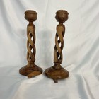 Pair Of Vintage Carved Wood Taper Candle Holders Open Barley Twist Design Footed