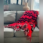Mid-century Chevron Afghan Blanket Red Black   Fringed Knit Throw   82    X 65   