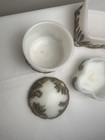 Vintage 3 Pc Milk Glass Vanity Dresser Set Gold Rococo Scroll Powder Jar Tray