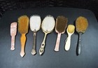 Lot Of 7 Vintage Antique Hair Brushes Celluloid Bakelite Gold Tone Blue Enamel