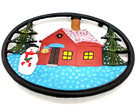 Cast Iron Oval Trivet Hand Painted Winter Christmas Snowman House Tree Vintage