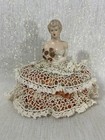Vintage Victorian  Chalk Lady Half Doll  Pin Cushion Rose Cream Crochet Trim