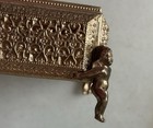 Gold Gilt Filigree Ormolu Casket Jewelry Box 6   x3    Beveled Glass Cherub Footed
