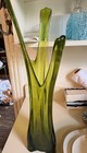 Vintage Viking Green Glass Swung Vase Diamond Pedestal 23  Tall Rare