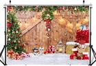7x5ft Christmas Barn Wood Door Photography Backdrop Xmas Tree Snow Gift Wall