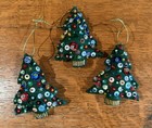 Set Of 3  Sparkly Green Felt Handmade Christmas Tree Ornaments  Beads   Sequins