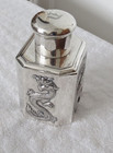 Chinese  900 Coin Silver Tea Caddy By Wang Hing Repousse Dragon Panels 10 4 Ozs