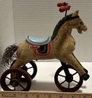 Vtg Folk Art Style Wooden Primitive Look Horse On Wooden Wheels r-1 