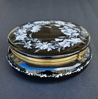 Antique Moser Black Amerhyst Glass   White Enamel Flowers Casket Trincket Box