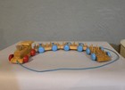 Vintage Wooden Pull Toy Train On Wheels With Pull String Blue   Red Wheels