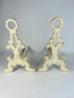 Set Of 2 Antique French Cast Iron And Irons With A Patina Old White Paint