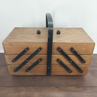 Vintage Wood Accordion Style Sewing Box 3 Tier Fold Out Chest    read  