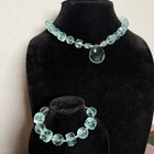 Vintage 925 Sterling Silver Aqua Crystal Glass Faceted Necklace Bracelet Set