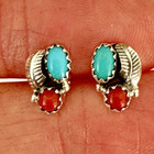 Navajo Turquoise Post Stud Earrings Red Coral Flower Leaf Feather 925 Sterling