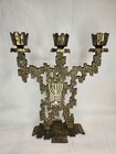 Vintage Brutalist Kl Israel Judaica Hanukkah Brass Menorah 3 Candle Candelabra