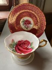 Vintage Paragon  Huge Floating Cabbage Rose  Red And Gold Teacup Set