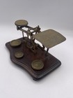 Antique English Brass Postal Letter Scale W  4 Weights Wood Base C 1920s Vintage