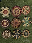 Vtg Boho Woven Rattan Straw Trivets Set Of 9 Colorful Mid Century Wall Decor 70s