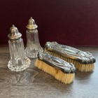 Vintage Vanity Lot Of 4 With Silver Plate - 2 Vanity Brushes  2 Powder Shakers