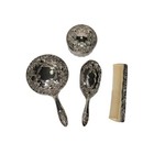 Vintage Silver Plate Dresser Vanity Set Hand Mirror Comb Brush Powder Jar 4 Pc