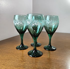 Set 4 Vintage Libbey Water Wine Goblets Juniper Green Pinecones Glass Teardrop