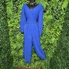 Forever 21 Jumpsuit Women Small Blue Pants Sheer Flared Leg Belted Romper 1712