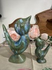 Vtg Mid Century Blue   Green Pottery Ceramic Bird Mama Baby Figure Sculpture