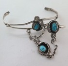 Ornate Sterling Silver   Turquoise Southwest Slave Bracelet With Ring Size 7 5
