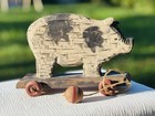 Folk Art Antique Wooden Pull Along Pig Toy