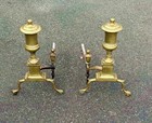 Pr Of  Heavy Antique Solid Brass Fireplace Andirons English  Early 19th Century
