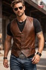Mens Genuine Western Vest Brown Vintage Lambskin Distressed Leather Vest For Men