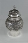Art Nouveau Silverplate Tea Caddy Jar Repousse Flowers   Scrolls