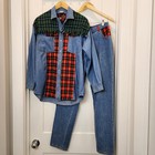 Vtg 90s Spirit Don t Stop Denim Plaid Set  Shirt Jeans Patchwork Hip Hop Street