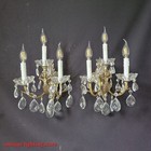 Vintage Antique Pair French Empire Brass Crystal 3 Light Sconces Wall Lights
