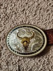 Western-style Leather Belt Featuring A Large Silver-toned Buckle For Men Sz 34