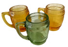 3 Vintage Figural Barrel Shaped Handled Glass Whiskey Cup Shot Glass Green Amber